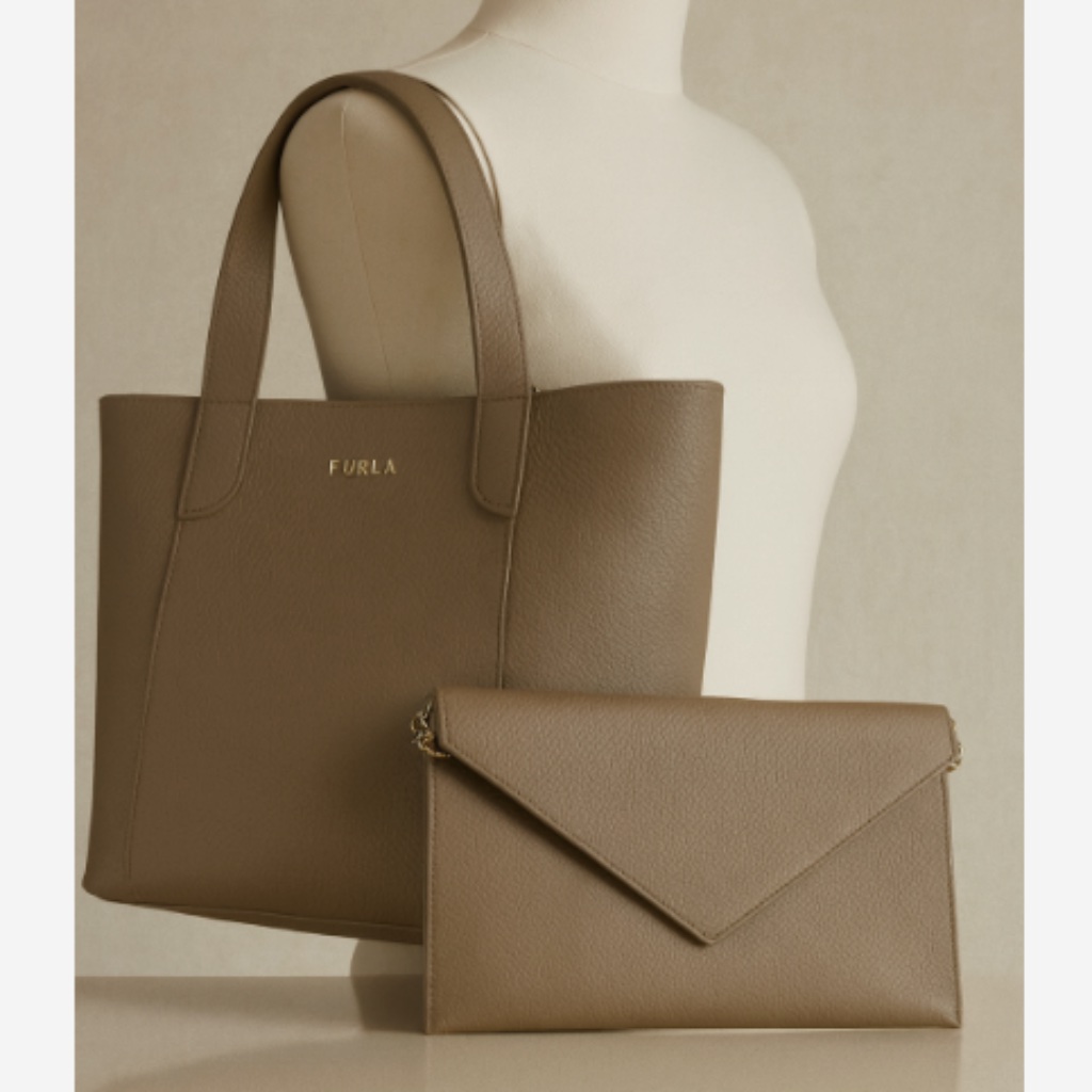 Authentic Furla Taupe Leather Elle Small Tote With Chain Pouch
